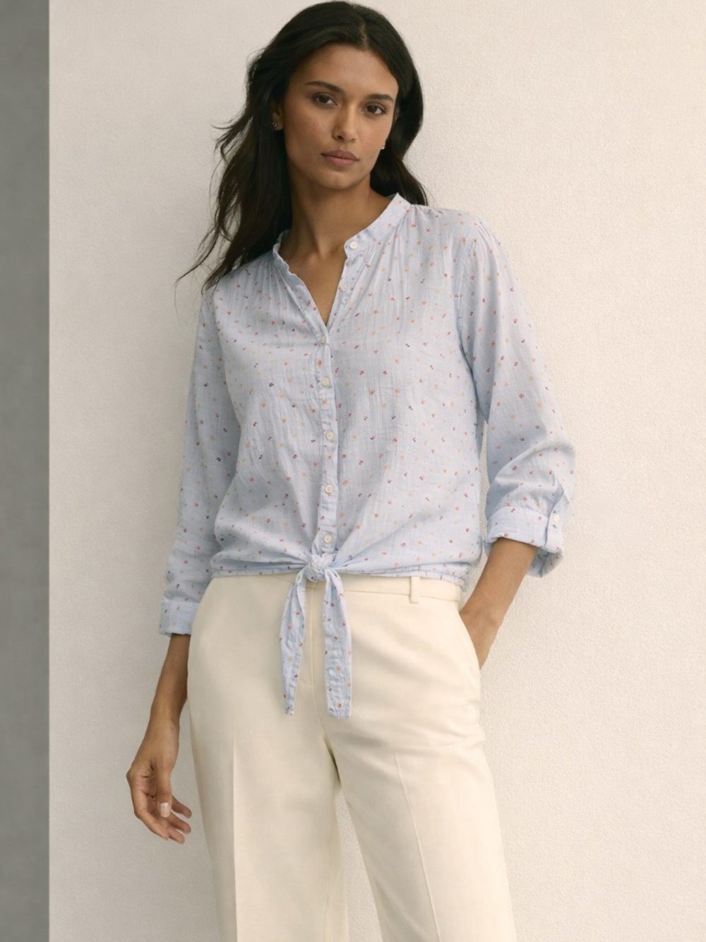Brooks Brothers Blue Mini Print Blouse Tie Front Roll Tab Sleeve Women Size 10 - Picture 3 of 12